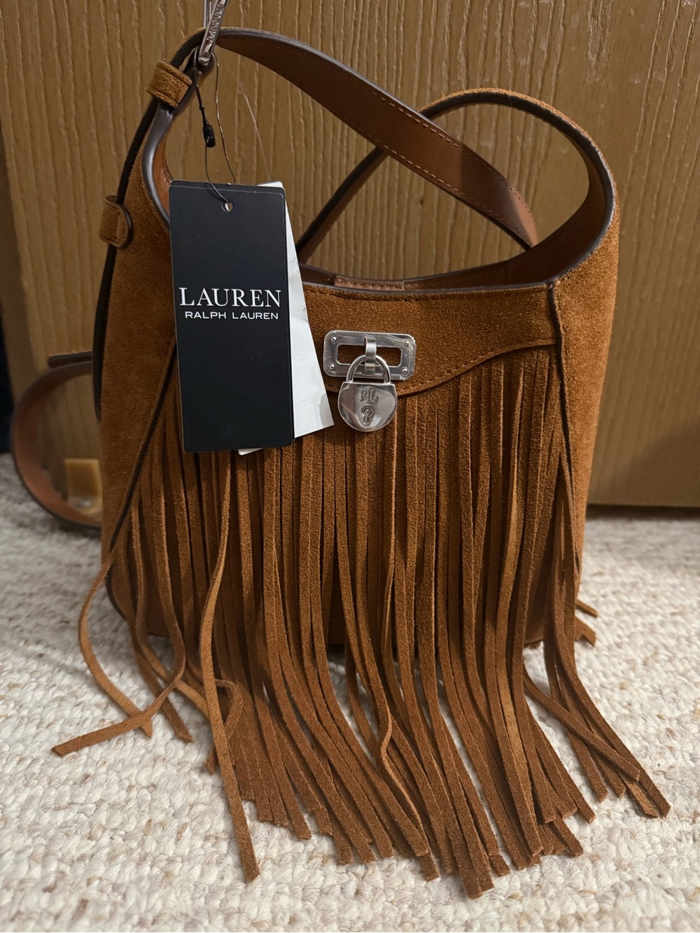 Lauren Ralph Lauren Tanner Small Suede Fringe Shoulder Bag Tan $325 - Picture 2 of 14